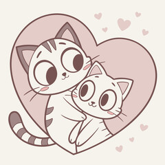 Vector art of two cute cats hugging inside a heart shape, a charming cartoon illustration of affection and companionship, isolated background
