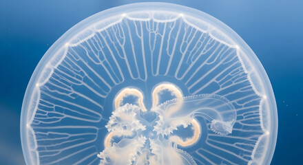 Close-up underwater view of a translucent moon jellyfish with delicate pulsing bell and bioluminescent details 