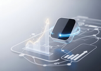 Futuristic digital interface showing financial data, an abstract 3D icon, and a glowing bar chart with an upward trend arrow, symbolizing growth and investment.