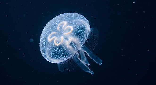 Translucent moon jellyfish aurelia aurita floating gracefully in deep ocean water