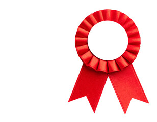 Angled View Red Rosette Ribbon with Shiny Fabric Texture, Blank Center, Isolated on Transparent Background PNG
