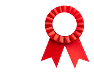 Angled View Red Rosette Ribbon with Shiny Fabric Texture, Blank Center, Isolated on Transparent Background PNG