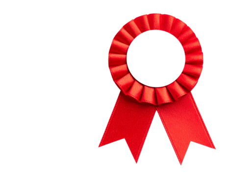 Angled View Red Rosette Ribbon with Shiny Fabric Texture, Blank Center, Isolated on Transparent Background PNG