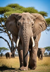 Fototapeta premium Tranquil African Elephant Cinematic Shot Sunny Clear Sky Strong Verticals Lifelike Precision