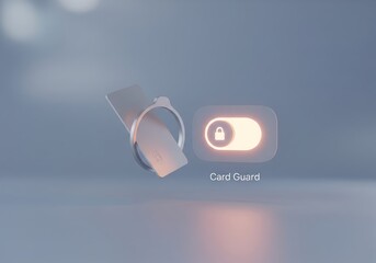 An image depicting a credit card protection concept with a glowing "Card Guard" toggle switch set to the "On" position, symbolizing security and financial safety.