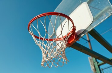 Basketball hoop against blue sky. Red hoop, white net, transparent backboard. Sports equipment, outdoor activity, recreational game on basketball court. Play, competition, exercise, healthy lifestyle.