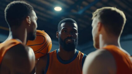 Team of athletes discussing strategy on the court with sports ball. - Powered by Adobe