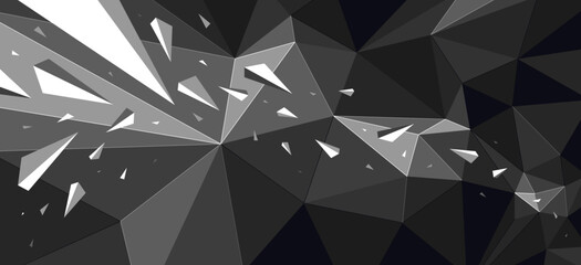 Fototapeta premium Dark low poly vector abstract background, black monochrome greyscale polygonal abstraction with decay motion of flying particles, 3D dynamic art.