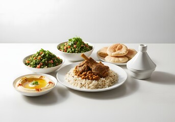 Traditional Middle Eastern Feast with Savory Lamb, Hummus, and Fresh Salads