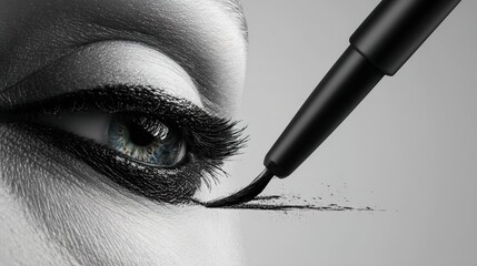 Close-up of a woman's eye with dramatic eyeliner application, showcasing striking blue iris and bold black eyeliner on a light grey background.