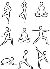 Minimalist yoga poses line art abstract human figures icons vector illustration