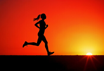 the silhouette of a running girl in profile, against the bright dawn sky