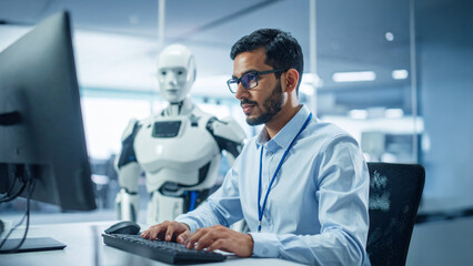 Fototapeta premium A person is working on a computer with a robot beside him. This scene speaks of innovation and collaboration between human and machine.