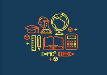 Education vector illustration, university and high school study science, physics and chemistry learning.