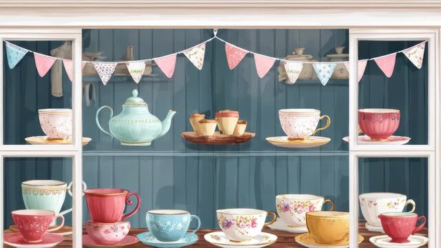 Window view of tea set display with blue paneled background