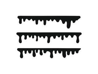 Set of three black melting paint drips on a white background. This simple design is great for themes of liquid, art, and grunge. Easily usable for backgrounds, banners, and creative projects