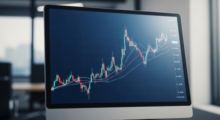 Close-up of a computer monitor displaying a financial stock market candlestick chart with moving averages