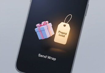 Abstract 3D rendering of a smartphone with a "Send Wrap" app, showing a gift box and a glowing price tag with "Prepaid Load" text.