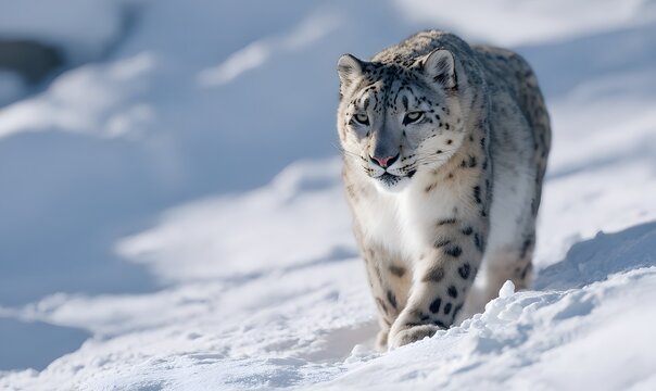 snow leopard slowly walking forward in the snow - Powered by Adobe