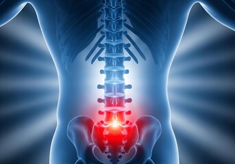 Lumbar spine with pain highlighted in red showing the human skeletal structure