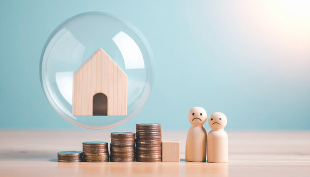 A symbolic representation of financial vulnerability, with an unhappy couple near a house and stacked coins