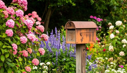 Rustic mailbox in a vibrant flower garden