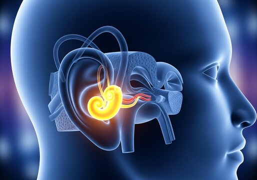 Detailed 3D illustration of human ear anatomy showcasing cochlea and auditory nerves