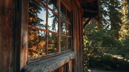 Wooden window frame with forest view