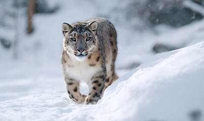 snow leopard slowly walking forward in the snow