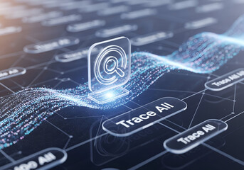 Abstract 3D rendering of a search and tracing concept with flowing data particles, representing complex digital networks, security, and analysis.