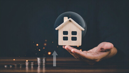 A hand holding a miniature house with money and rising arrow, symbolizing financial growth and property investment