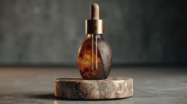 Amber glass dropper bottle on wooden pedestal