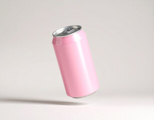 Mockup. Floating pink beverage can showcasing minimalist design against a neutral background highlights creative product presentation approach