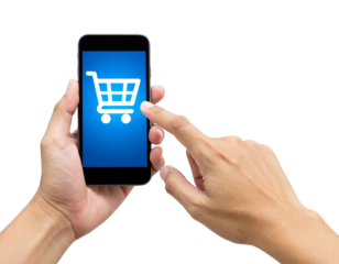 Hand Pointing to Shopping Cart Icon on Smartphone Screen, Interactive Gesture, Isolated on Transparent Background PNG