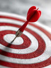 Red dart hitting bullseye on red and white target.