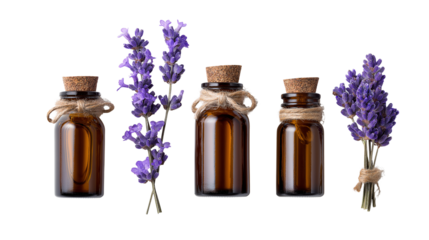 aromatherapy essential oil bottles with lavender flowers