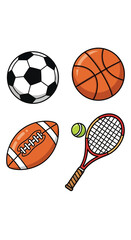Cartoon Sport Balls and Racket Vector Illustration: Soccer, Basketball, Football, and Tennis
