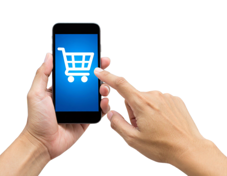  Hand Pointing to Shopping Cart Icon on Smartphone Screen, Interactive Gesture, Isolated on Transparent Background PNG
