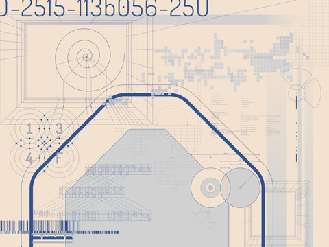 Futuristic Abstract Vector Schematic. Conceptual blueprint illustration with a dynamic circuit path, geometric shapes, and cryptic data points, perfect for technology and engineering themes.