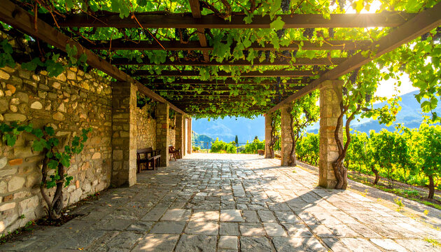 Vine covered stone pergola walkway leads to scenic landscape on a sunny day