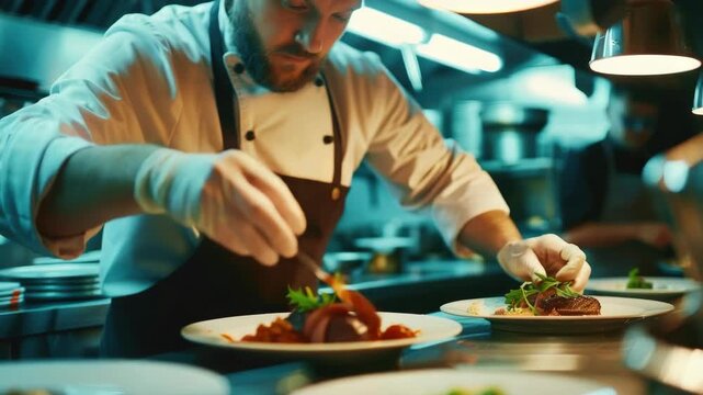 The chef is working diligently in a modern, professional kitchen, preparing gourmet meals that are presented on elegant plates.