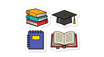 Education Icon Set: Books, Graduation Cap, Notebook, Open Book - Vector Illustration