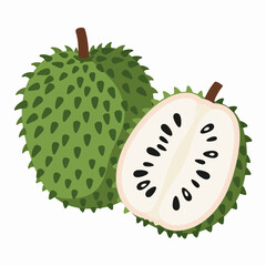Illustration of a whole soursop fruit and a halved soursop, revealing the white flesh and black seeds.