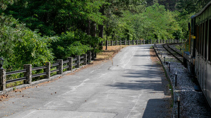 Sunlit rustic train track alongside serene pathway, whispers of summer journey, perfect for Wanderlust Day dreams or National Trails Day