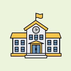 Illustration of a school building with a flag and a clock on the roof, simple and modern style, suitable for education, learning, institutions and classroom themes.