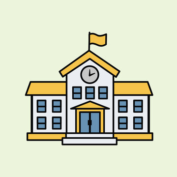 Illustration of a school building with a flag and a clock on the roof, simple and modern style, suitable for education, learning, institutions and classroom themes.