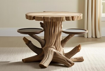 Artistic tree trunk inspired side table offering unique natural aesthetics and practical surface space for rustic home decor.