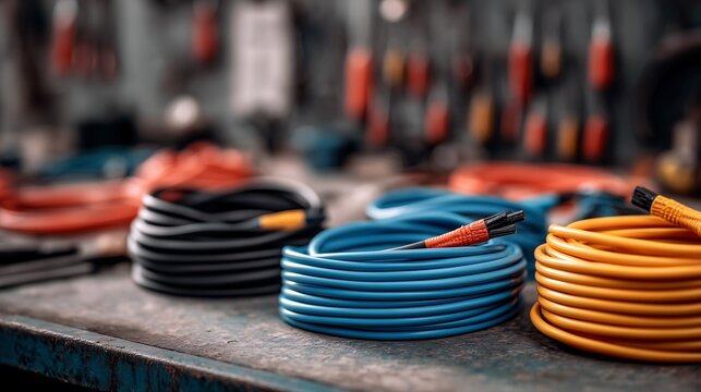 Electrical wires coiled on workbench