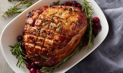 top down view of a full roasted christmas ham