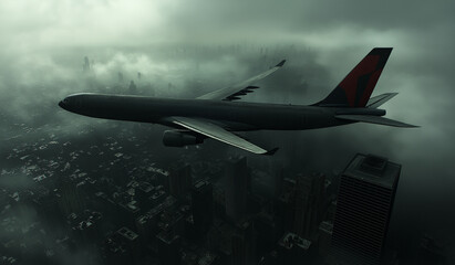 AI generator images of A commercial aircraft full of passengers is flying over a large city during a heavy rainstorm with poor visibility, which can cause aviation problems such as not being able 